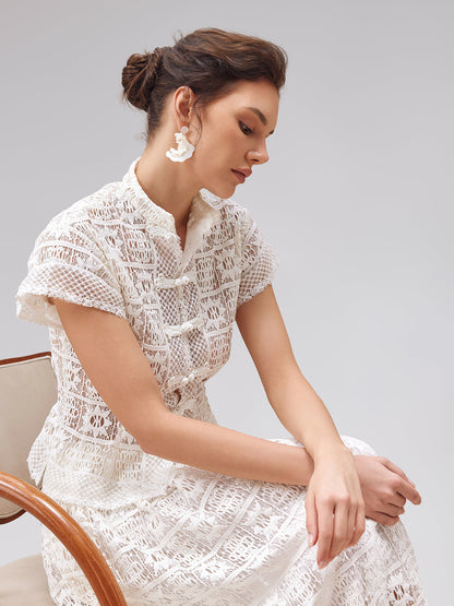 Ustalık İşi Düğmeli Dantel Gömlek