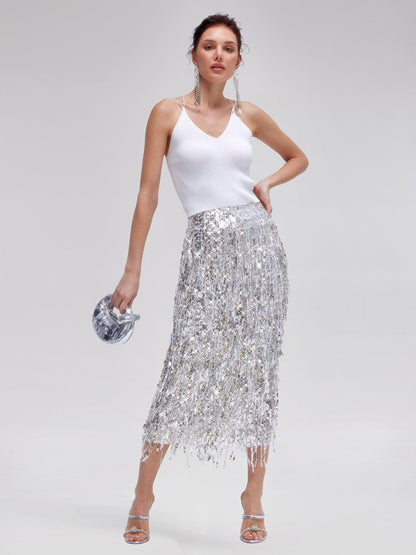 Püsküllü Pullu Midi Etek