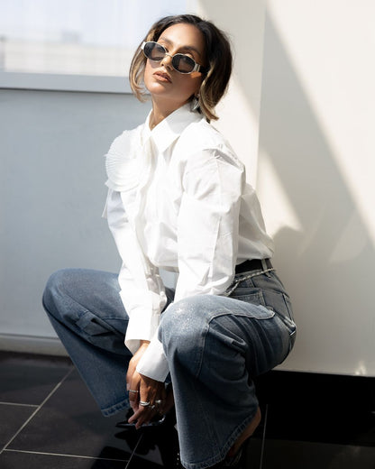 Üç Boyutlu Pileli Çiçekli Pamuklu Gömlek