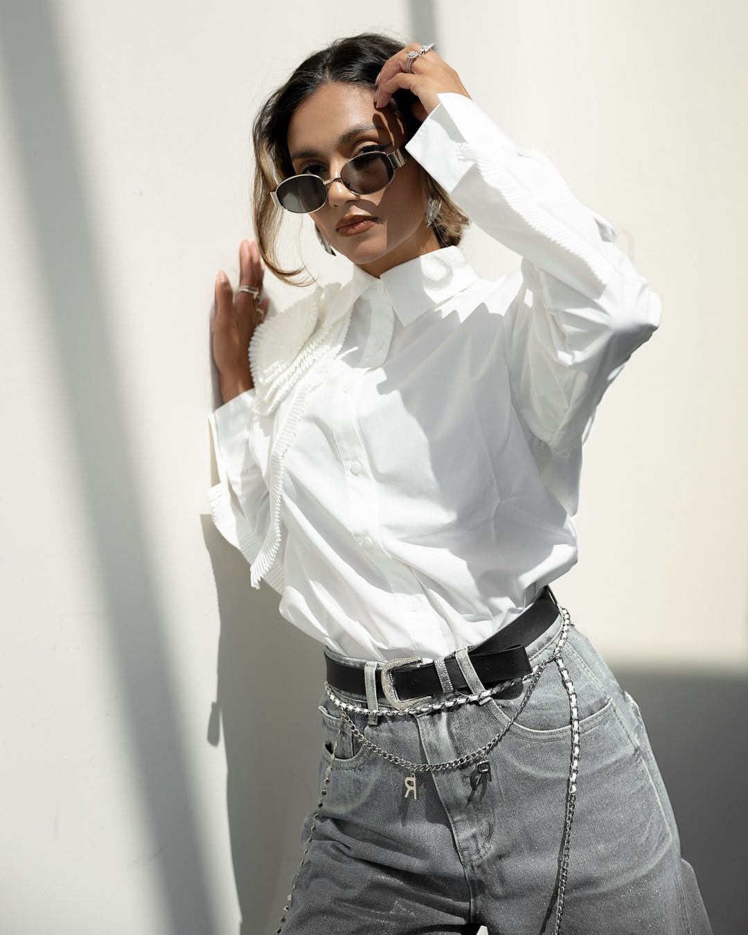 Üç Boyutlu Pileli Çiçekli Pamuklu Gömlek