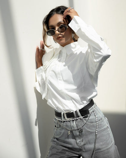 Üç Boyutlu Pileli Çiçekli Pamuklu Gömlek