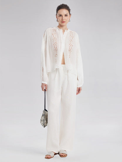 Pileli Delik İşlemeli Nakışlı Bluz