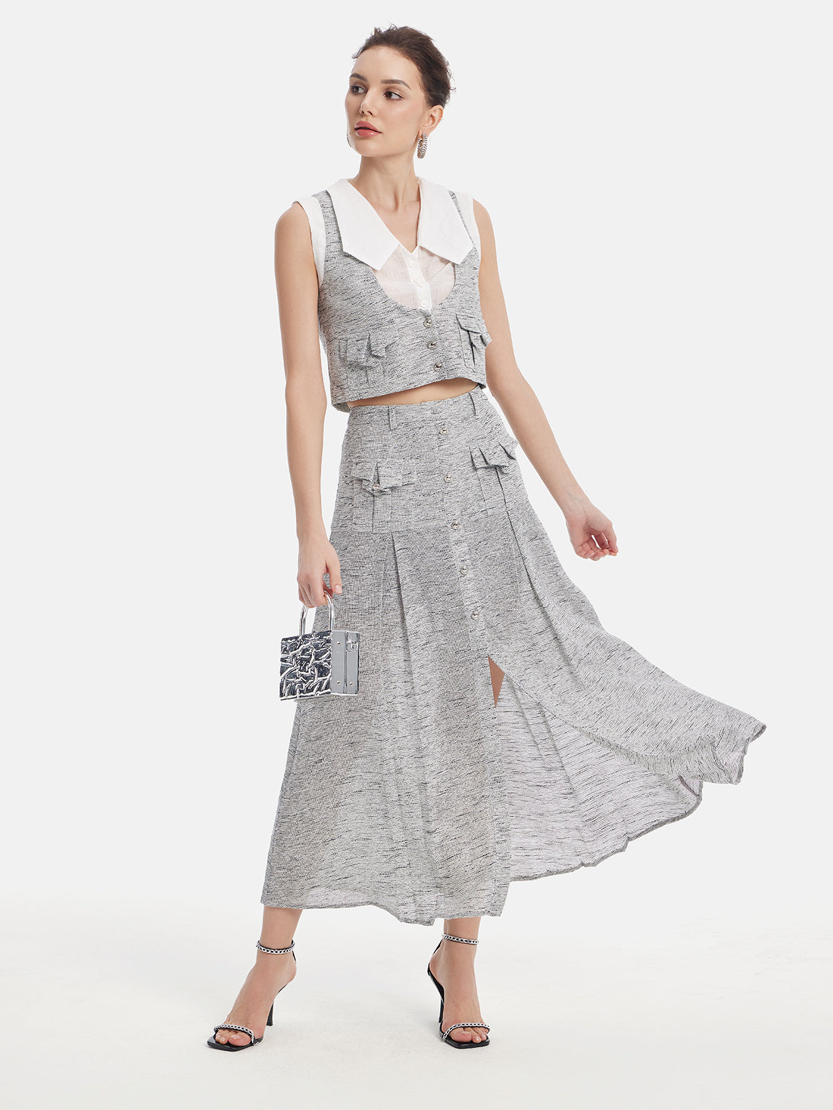 Açık Gri Sanatsal Katmanlı Bluz