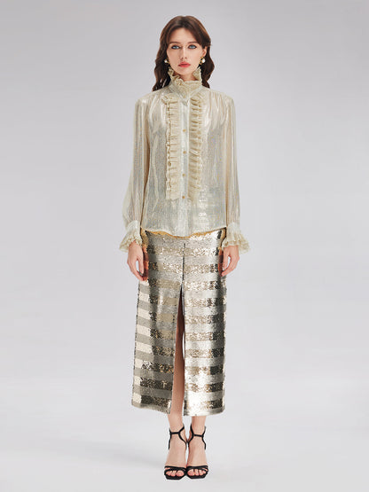 Altın Pullu Çizgili Etek