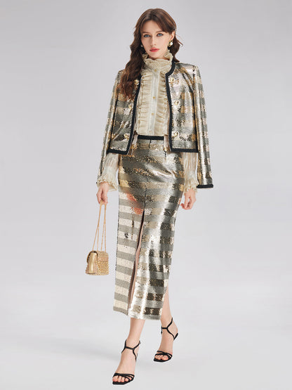 Altın Pullu Çizgili Etek