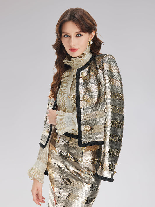 Altın Yaldızlı Pullu Çizgili Ceket