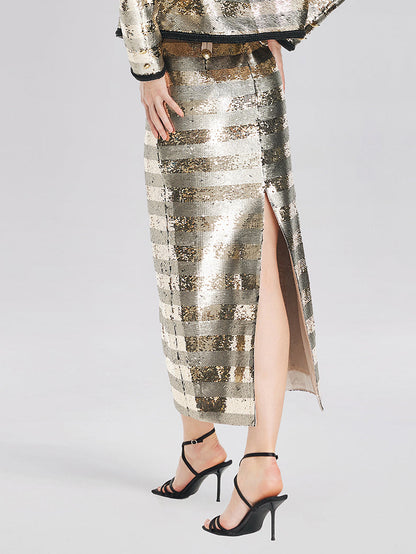 Altın Pullu Çizgili Etek