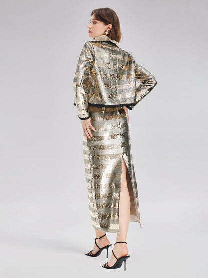 Altın Pullu Çizgili Etek