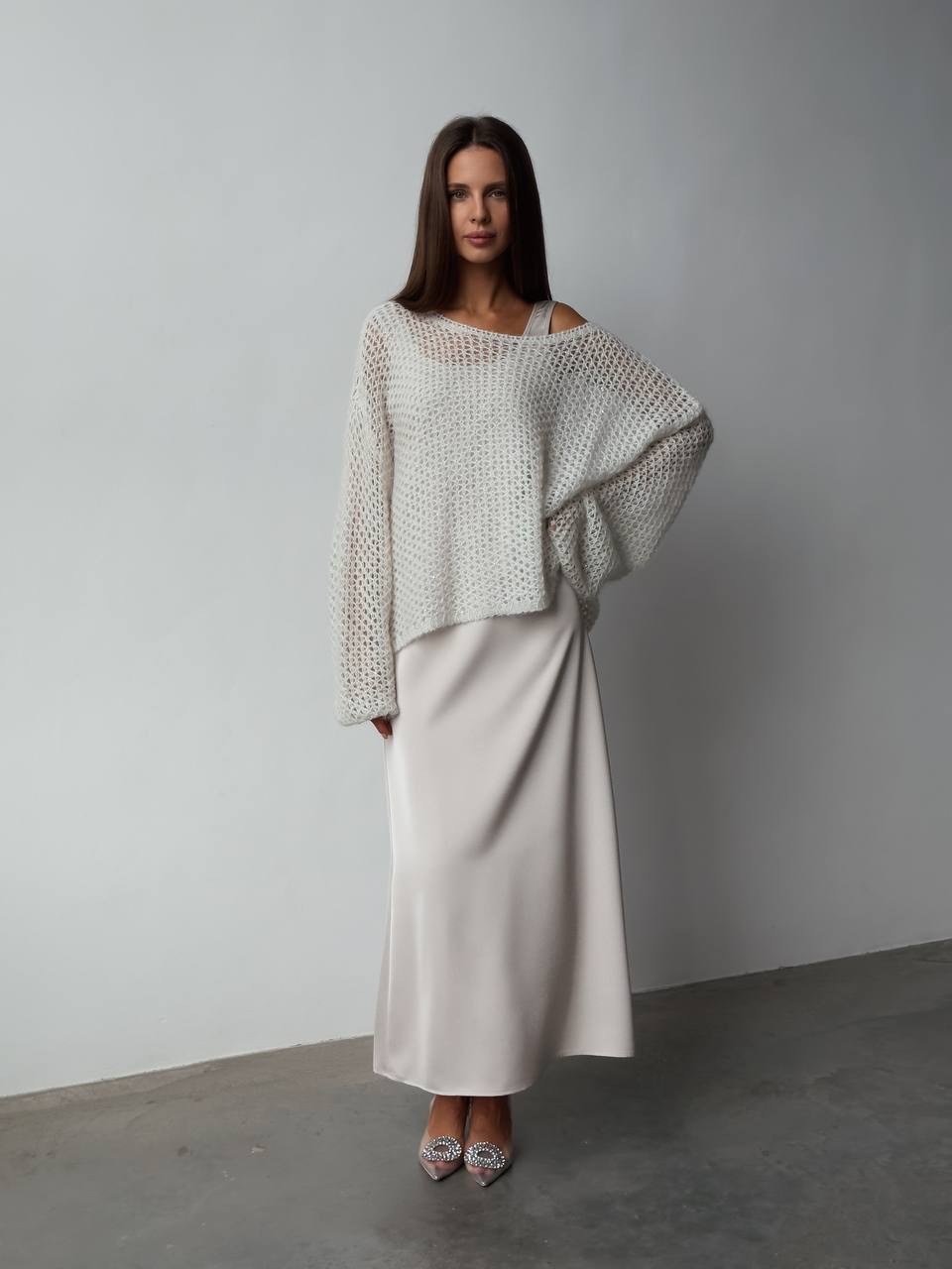 Fildişi Bulut Saten Askılı Elbise