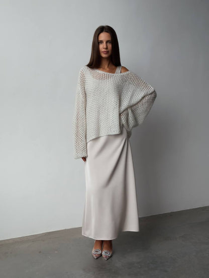 Fildişi Bulut Saten Askılı Elbise