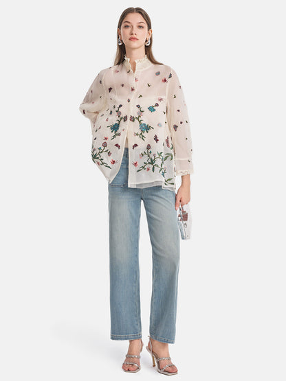 İpek Çiçek Nakışlı Dantel Bluz