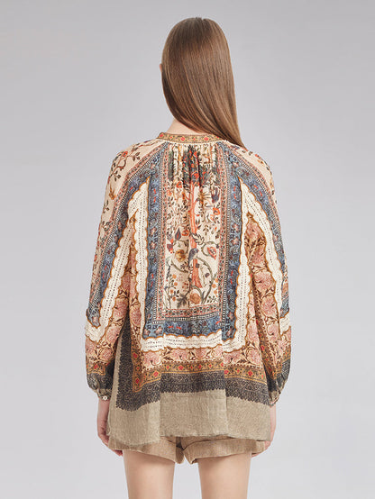 Keten Görünümlü Desenli Dantel Gömlek