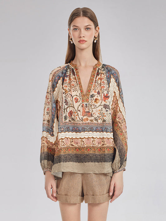 Keten Görünümlü Desenli Dantel Gömlek