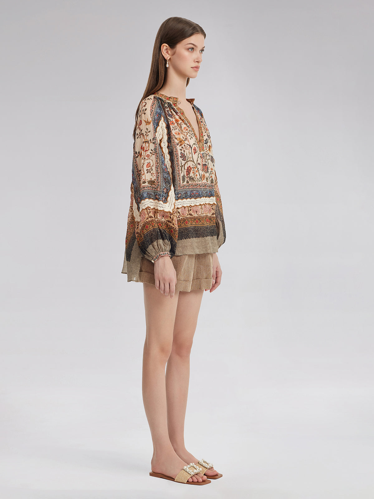 Keten Görünümlü Desenli Dantel Gömlek