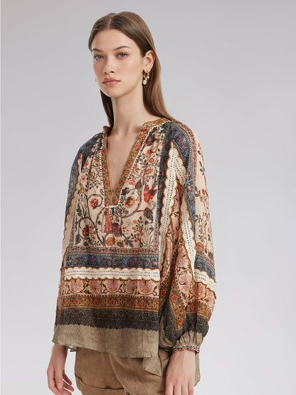 Keten Görünümlü Desenli Dantel Gömlek