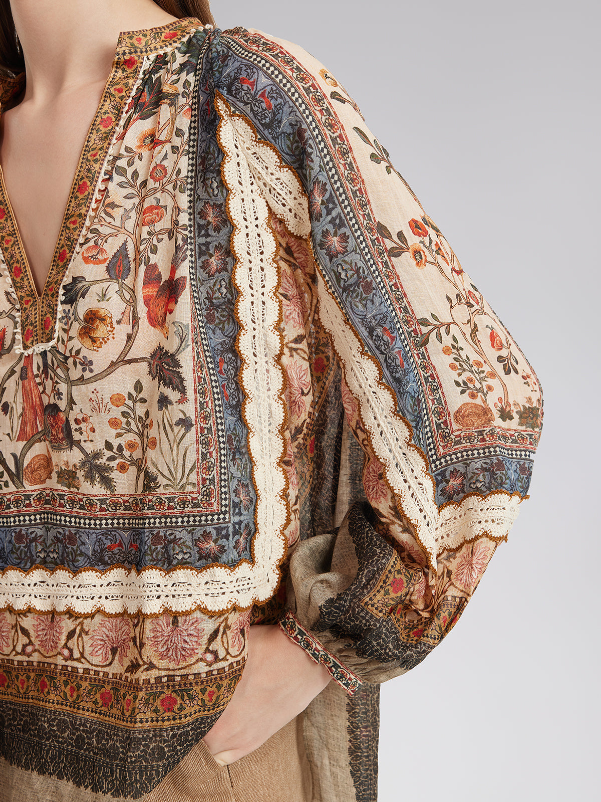 Keten Görünümlü Desenli Dantel Gömlek