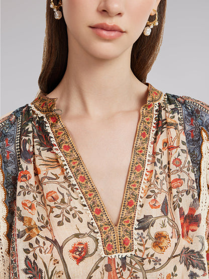 Keten Görünümlü Desenli Dantel Gömlek