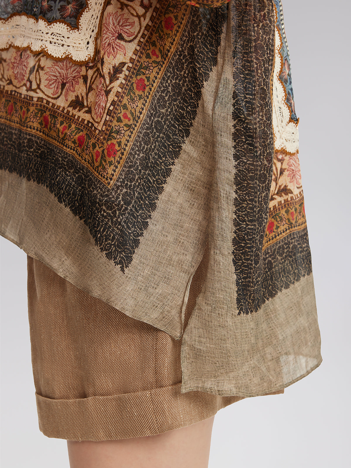 Keten Görünümlü Desenli Dantel Gömlek