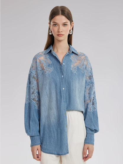 Çiçekli Dantel Parçalı Kot Gömlek