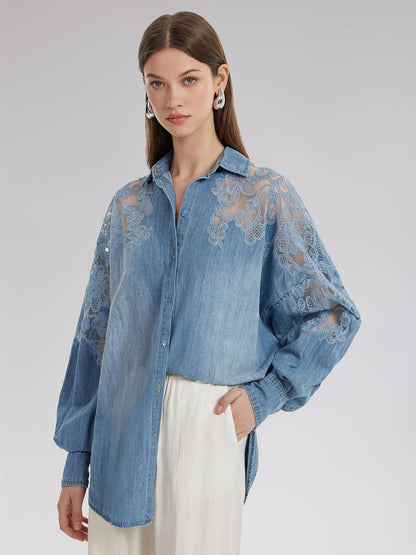 Çiçekli Dantel Parçalı Kot Gömlek