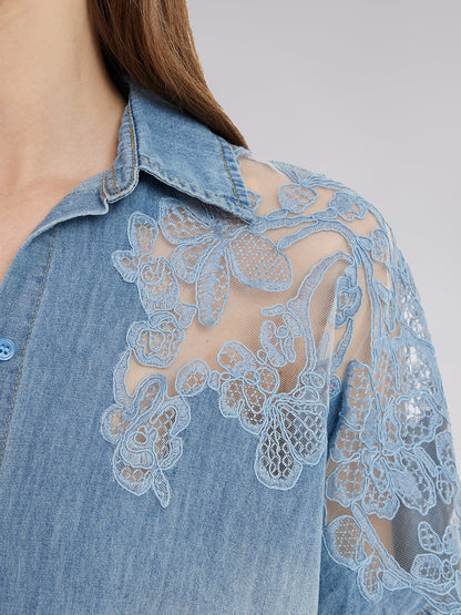Çiçekli Dantel Parçalı Kot Gömlek