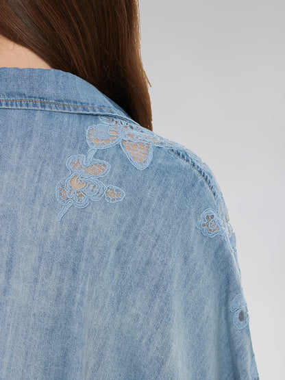 Çiçekli Dantel Parçalı Kot Gömlek