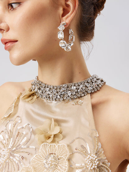 Elmas Kabartmalı Çiçek Nakışlı Elbise