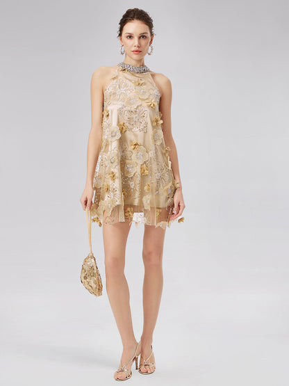 Elmas Kabartmalı Çiçek Nakışlı Elbise