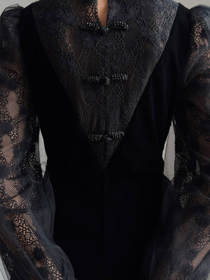 Kadife Dantel İllüzyon Elbise