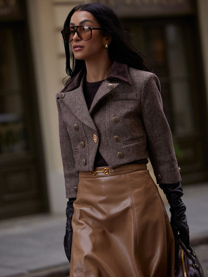 Avustralya Yünü Karışımlı Blok Renkli Kısa Ceket