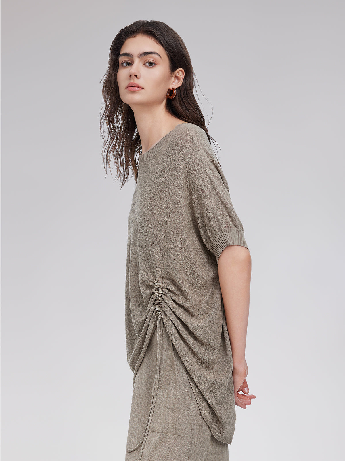 Triko Büzgülü Yarasa Kol Tişört