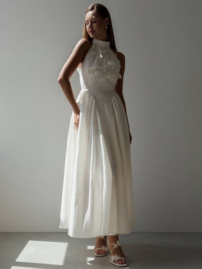Beyaz Blossom Halter Elbise