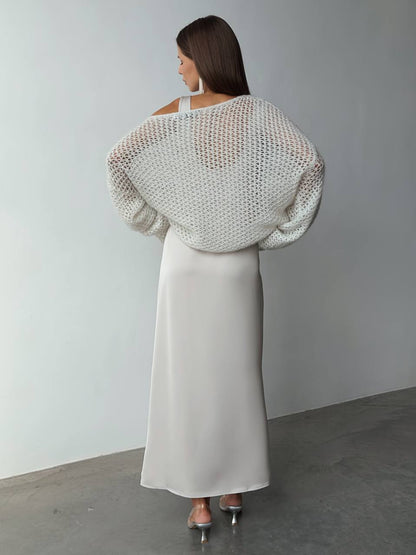 Fildişi Bulut Saten Askılı Elbise