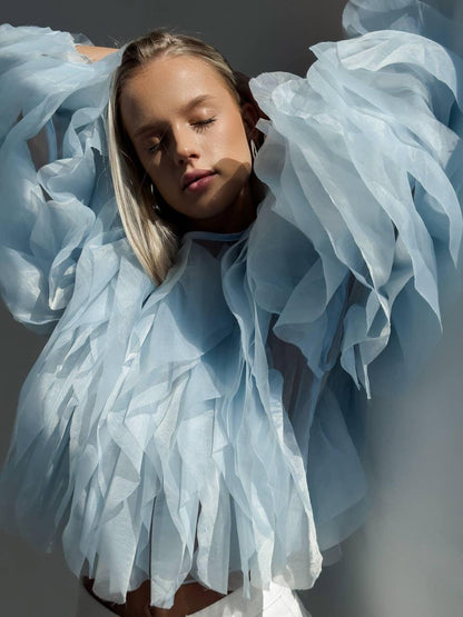 Zarif Mavi Tül Bluz