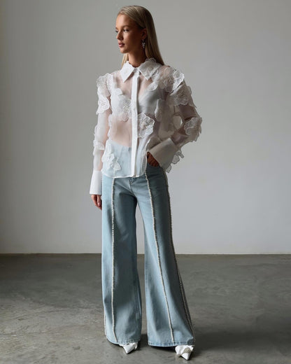 Çiçek Nakışlı Transparan Bluz