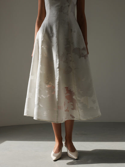 Beyaz Jakarlı Midi Elbise