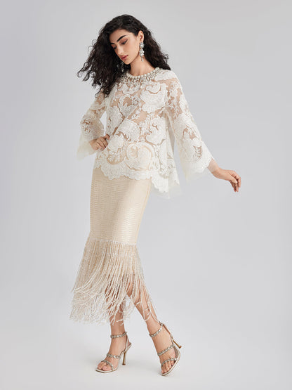 Pullu Kristal Püsküllü Yırtmaçlı Etek