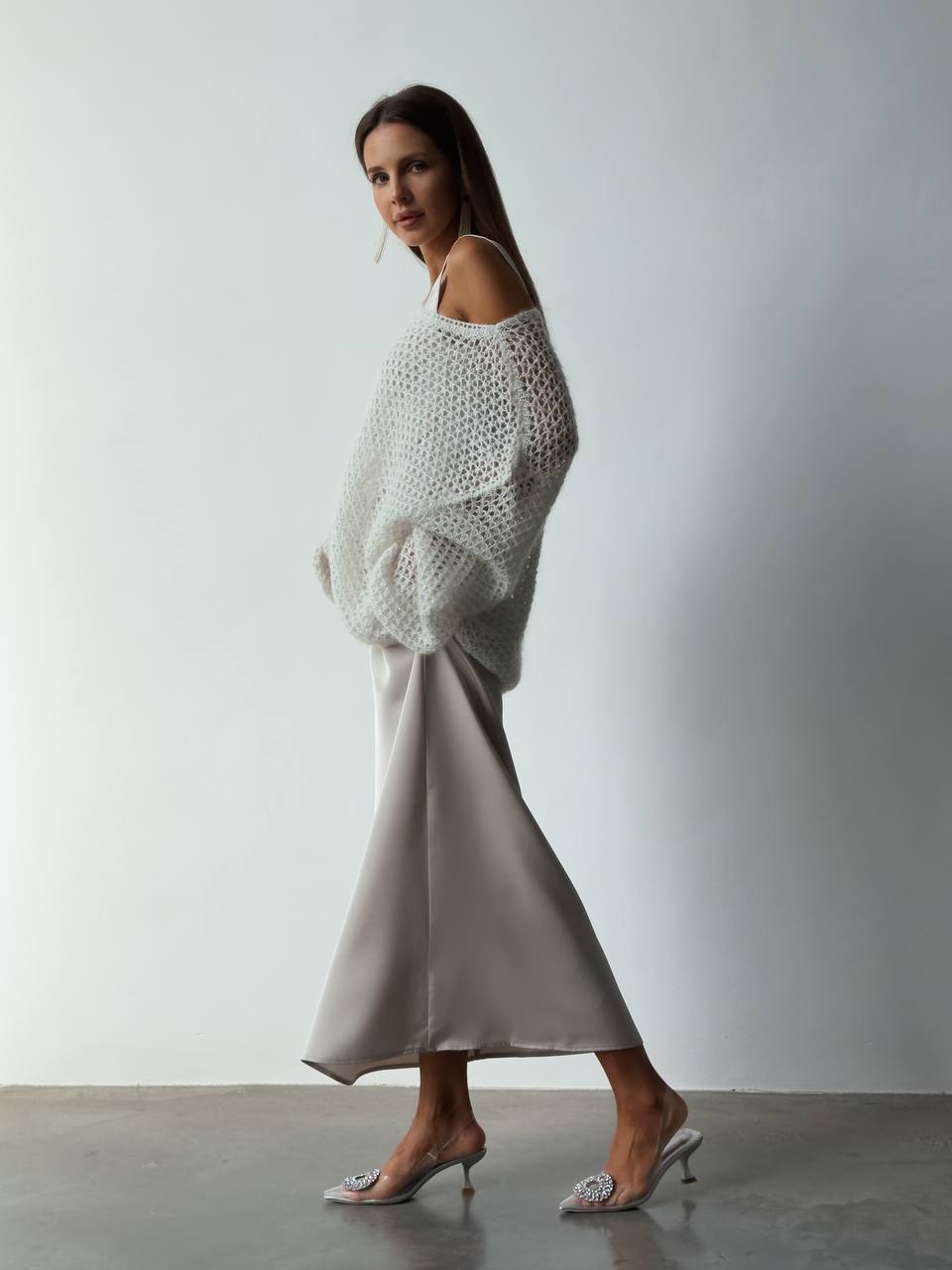 Fildişi Bulut Saten Askılı Elbise