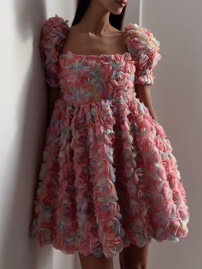 Romantik Pembe Çiçekli Mini Elbise