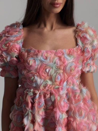 Romantik Pembe Çiçekli Mini Elbise