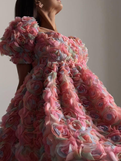 Romantik Pembe Çiçekli Mini Elbise