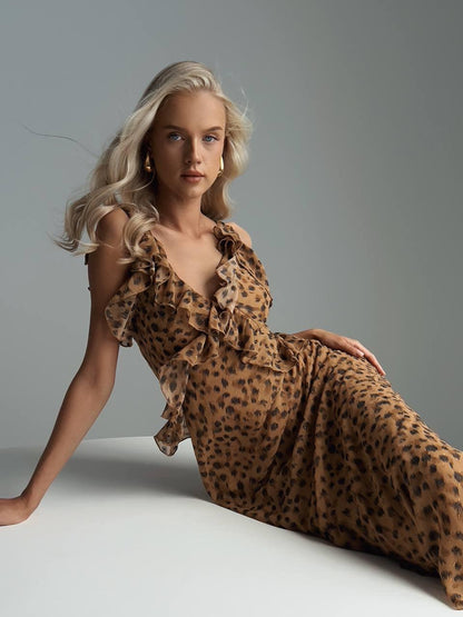 Zarif Leopar Desenli Maxi Elbise