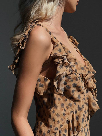 Zarif Leopar Desenli Maxi Elbise