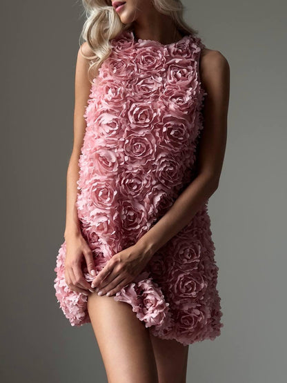 Pembe Gül Çiçekli Mini Elbise