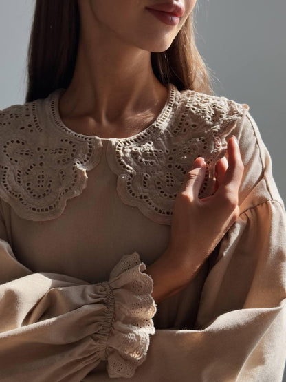 Dantel Yakalı Bej Midi Elbise