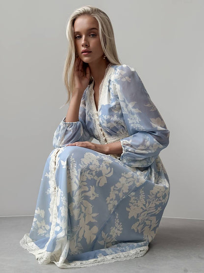 Dantel Şerit Detaylı Zarif Mavi Elbise