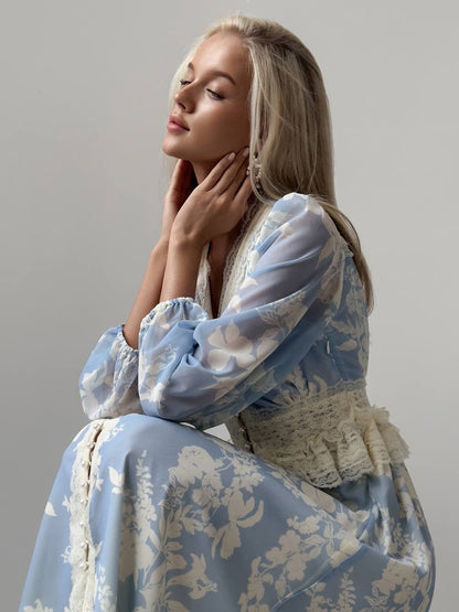 Dantel Şerit Detaylı Zarif Mavi Elbise