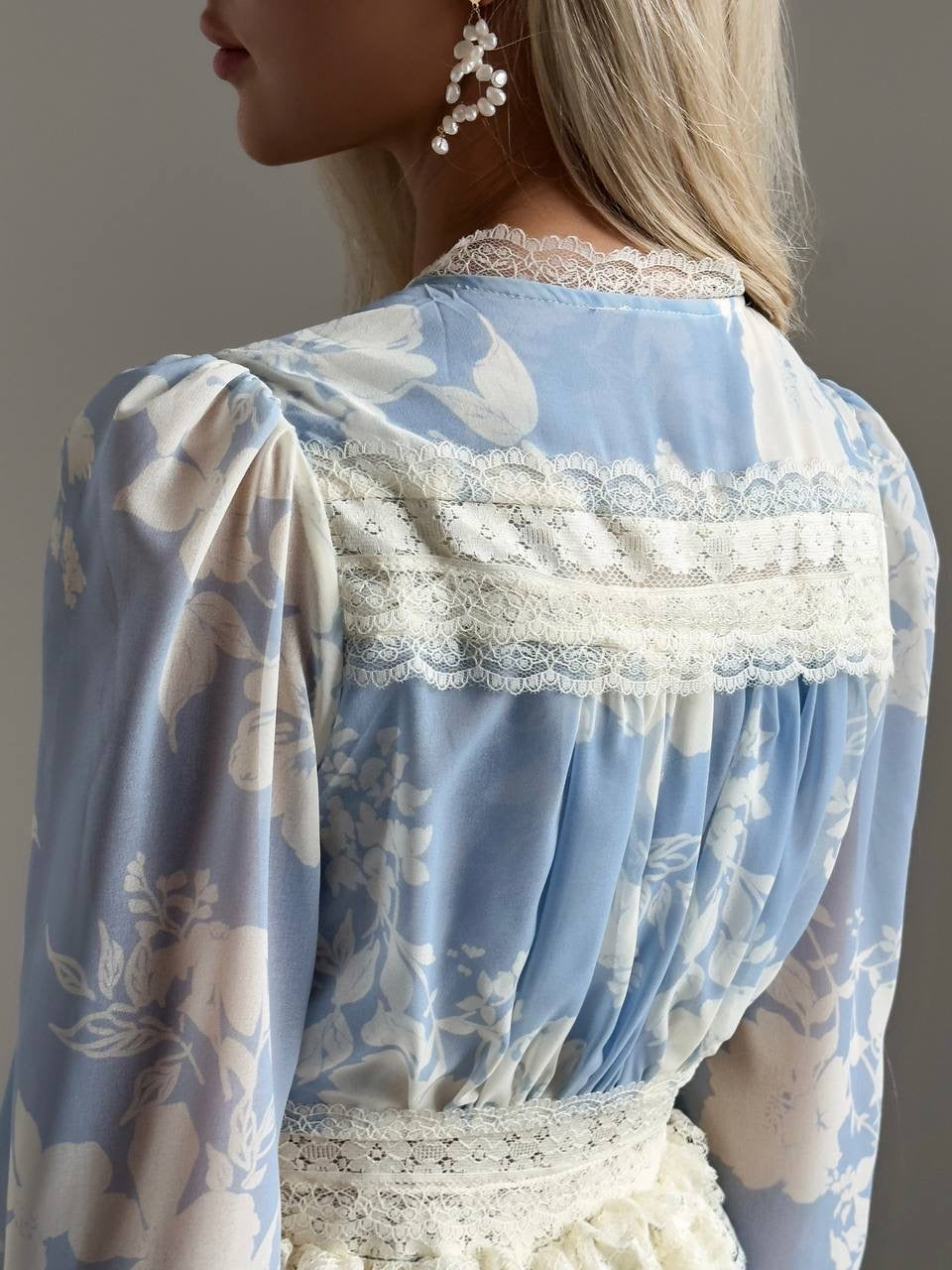 Dantel Şerit Detaylı Zarif Mavi Elbise