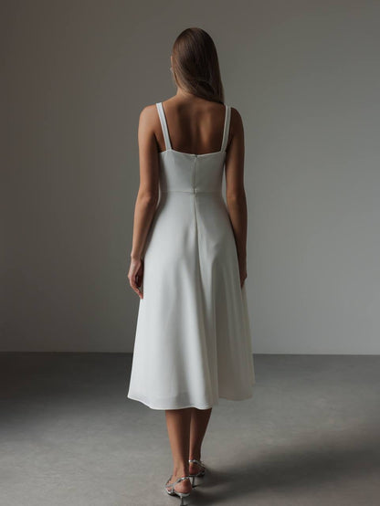 Beyaz Çiçek Aplike Midi Elbise