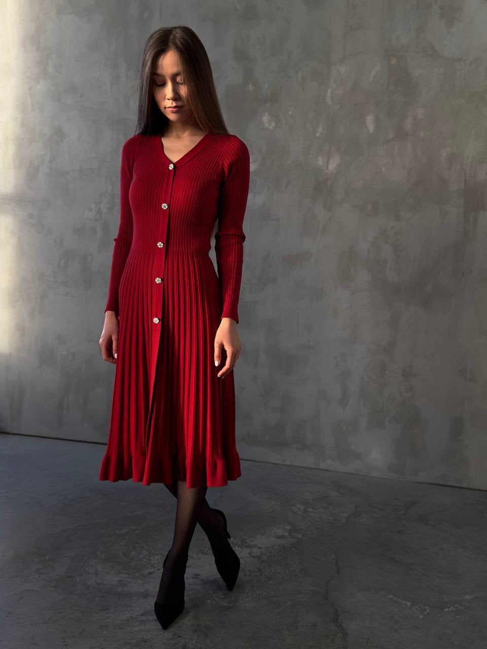 Düğmeli Fitilli Triko Midi Elbise